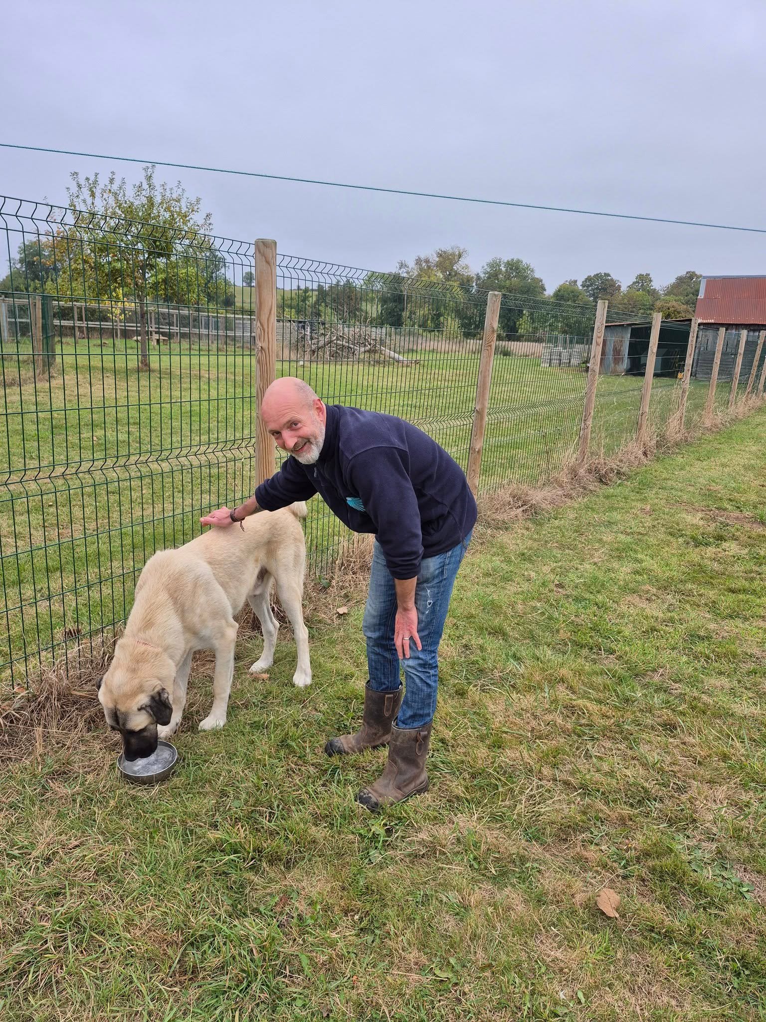 Pascal Poupard avec un chien – Les Étoiles Normandes Pascal Poupard avec un chien en extérieur à la pension Les Étoiles Normandes, selon les indications fournies.