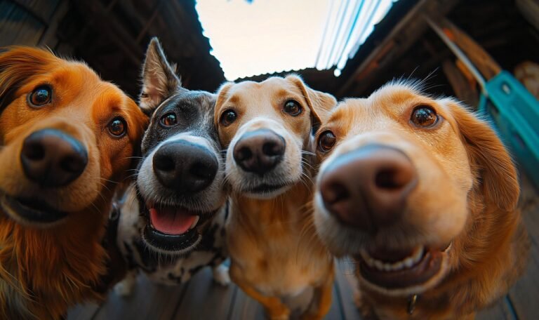 Illustration de plusieurs chiens réunis, visuel utilisé par la pension canine Les Étoiles Normandes.