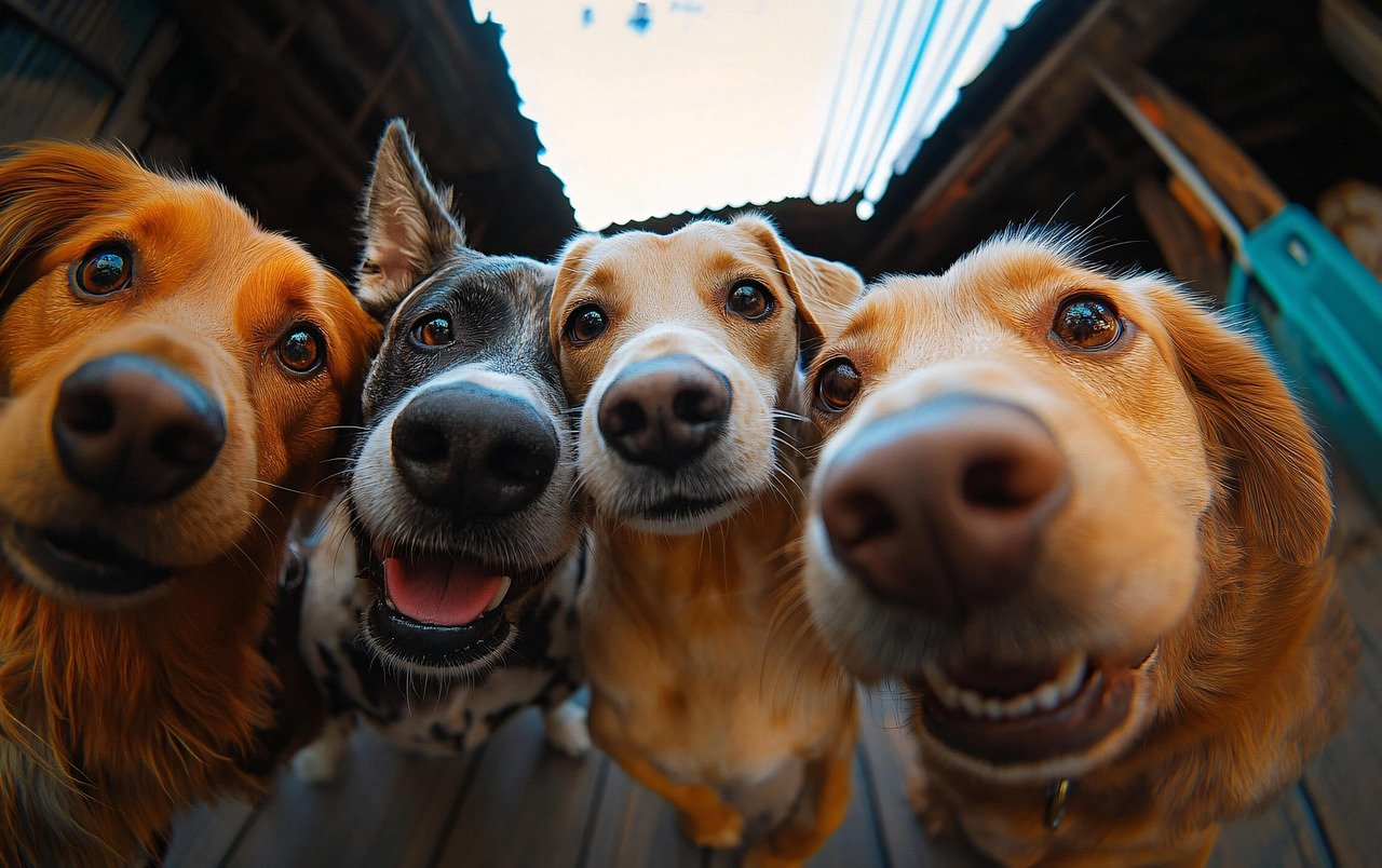 Illustration chiens en groupe – Les Étoiles Normandes Illustration de plusieurs chiens réunis, visuel utilisé par la pension canine Les Étoiles Normandes.