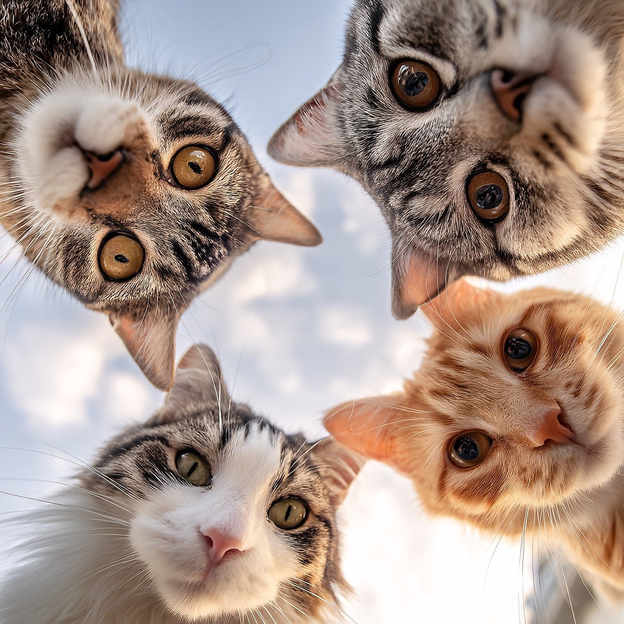 Illustration chats – Les Étoiles Normandes Illustration de chats posant ensemble, visuel utilisé par la pension féline Les Étoiles Normandes.