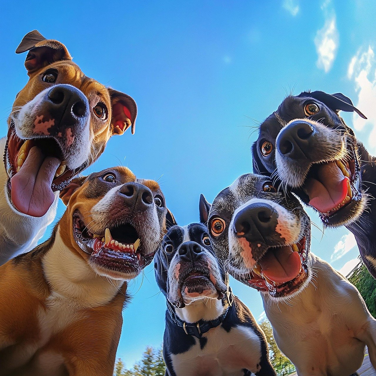 Sociabilisation des chiens – Les Étoiles Normandes Groupe de chiens en extérieur à la pension canine Les Étoiles Normandes, moment de sociabilisation. (IA)